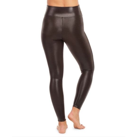 Spanx Faux Leather Croc Leggings Brown Black Size S Glossy Patent Animal Edgy - Picture 3 of 12